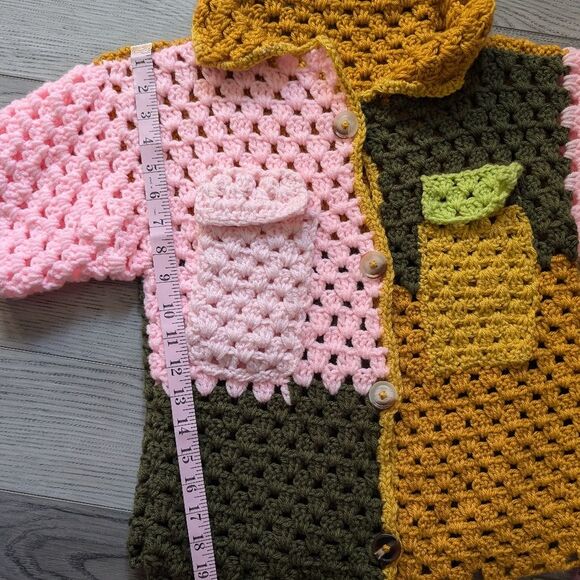 Handmade Crochet Patchwork Colorful Button Down Polo Size Small/Medium - Picture 6 of 6